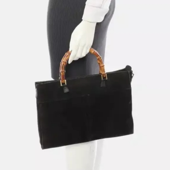 GUCCI Black Suede Bamboo Top Handle Satchel Hand Bag! - Picture 2 of 14